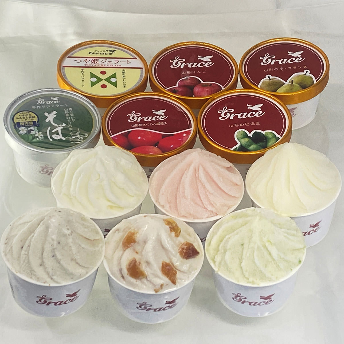 グレイス山形ジェラート 6種計12個セット ジェラート シャーベット 山形県産 アイス 洋菓子 スイーツ 山形 さくらんぼ つや姫 秘伝豆 ずんだ ラフランス りんごのサムネイル