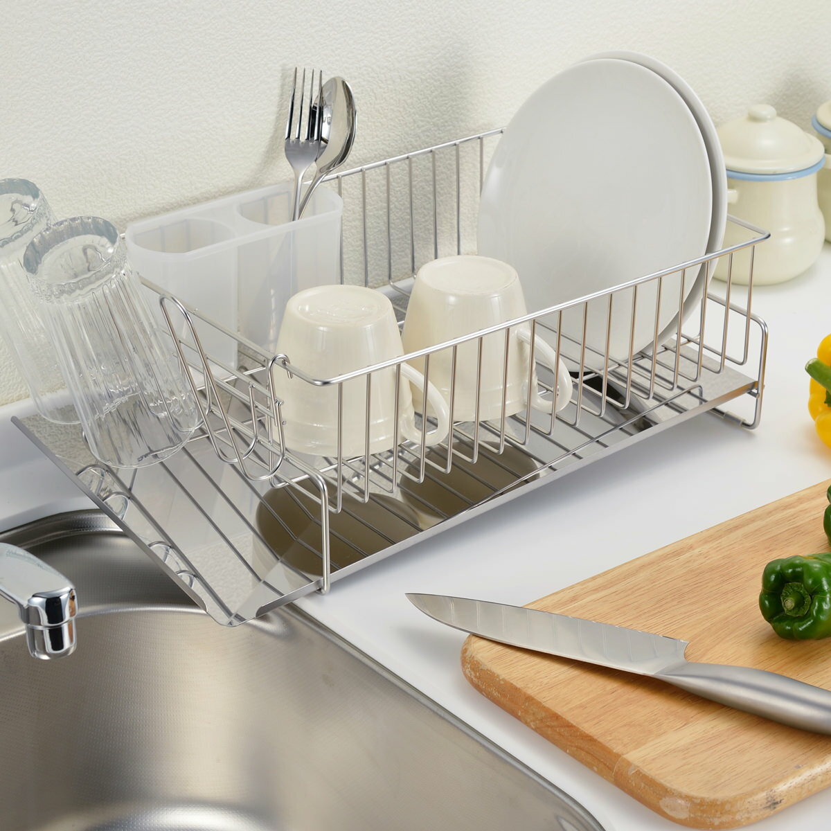 斜めに流れる 1段水切り 右置用 台所用品 水切りラック ステンレス 水切りカゴ 食洗機対応 バスケット ..