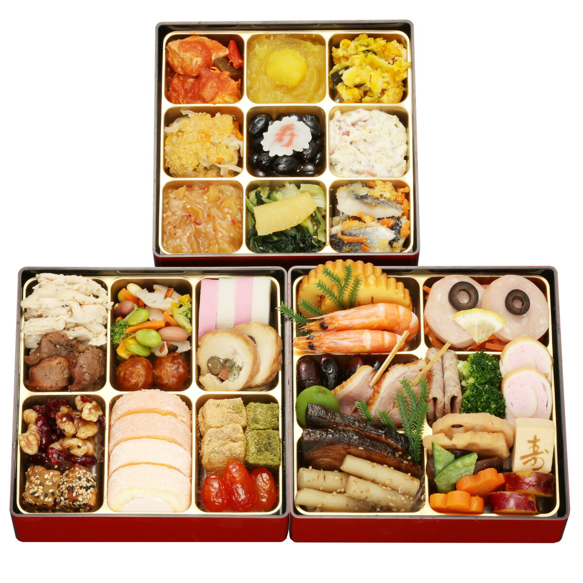 東京・神楽坂の中華料理店”ENGINE”のオーナーシェフ、松下和昌氏監修の「和洋中おせち 嘉祥 三段重」です。和・洋・中の魅力を一度に楽しめる贅沢な三段重でございます。伝統の和の味わいに加え、洋の華やかさや中華のコク深い一品までバランスよく盛り込みました。見た目にも華やかで、新年の食卓を特別なひとときへと演出。家族みんなで楽しめる祝い膳です。伊達巻、有頭中むき海老、ぶり照焼、たたきごぼう、蓮根旨煮、蒸鶏ごまだれ、肉団子（甘酢あん）、いちごロールケーキ、栗甘露煮、さつま芋きんとん、黒豆煮、味付中華くらげなど、合わせて47品をお楽しみいただけます。｛解凍方法｝冷蔵庫（10℃以下）で約24時間解凍してください。解凍後は、冷蔵庫で保存しお早めにお召し上がりください。【名称】おせち料理【数量・内容】約3人前(47品)重箱：ABS樹脂5.5寸3段重、縦165×横165×高さ141mm【お品書き】＜壱之重＞伊達巻、有頭中むき海老、キャロットラペ、レモンスライス、ボロニアソーセージ、スライスブラックオリーブ、合鴨ローススモーク、若桃甘露煮、珈琲煮豆、なごみ巻(えび)、イタリアンソーセージ、ボイルブロッコリー、ぶり照焼、たたきごぼう、紅あずま甘露煮、花形人参煮、椎茸香煮、蓮根旨煮、ボイルきぬさや、寿高野豆腐＜弐之重＞蒸鶏ごまだれ、砂肝焼(レモンペッパー)、豆とブロッコリーのサラダ、肉団子(甘酢あん)、かまぼこ(白)、かまぼこ(紅)、チキン三色巻、ごまポテ紅はるか、クランベリーとくるみの飴炊き、いちごロールケーキ、藻塩クリームのロールケーキ、わらび餅風 きな粉、わらび餅風 抹茶、ドライトマト赤ワイン煮＜参之重＞蒸し鶏と野菜のトマトソース和え、栗甘露煮、さつま芋きんとん、かぼちゃサラダ、黄金どびっ子、彩り大根なます、寿なると(白)、黒豆煮、カナダ北寄貝サラダ、味付中華くらげ、味付数の子、小松菜のナムル、にしん甘酢漬【賞味期限】2027/1/31【配送不可地域】こちらの商品は、沖縄・離島へのお届けができません。ご注文いただきましてもキャンセルとさせていただきます。予めご了承ください。【特記事項】▼▼▼▼▼▼▼▼▼▼▼▼▼▼▼▼▼▼▼▼▼▼▼▼▼▼【ご注文の注意事項】※必ずご了承のうえご注文ください■2026年12月14日までの期間限定販売■ご注文内容に変更がある場合は12月14日までにご連絡ください。　それ以降の変更は承ることができません。■こちらの商品は12月30日のお届け予定です。■複数個ご注文の場合は別々でのお届けとなります。■2026年12月25日〜2027年1月3日まで、カスタマーセンターは年末年始休業となります。　休業期間中のお問い合わせは、専用ダイヤル：070-9299-7971までお願いします。▲▲▲▲▲▲▲▲▲▲▲▲▲▲▲▲▲▲▲▲▲▲▲▲▲▲【アレルギー情報】掲載商品には、アレルギーの原因といわれる原材料を含んでいる場合がございます。 くわしくはお問い合わせフォームにてご連絡ください。類似商品はこちら神楽坂名店 監修 和洋中おせち 神楽坂 舞 三19,980円京都三名店 監修 和洋中おせち たつみ 三段重17,496円東京 しち十二候 監修 和風おせち 豊穣 三段21,600円現代の名工 神田正幸 監修 和洋中おせち 百慶23,220円京都 一献うえ原 監修 和風おせち 鞍馬 三段17,798円東京 神楽坂くろす 監修 和風おせち くろす 12,960円現代の名工 神田正幸 監修 ファミリーおせち 18,900円蔵王福膳 和風おせち 吉祥 三段重 約3人前 16,200円目白台 タベルナ・アイ監修 和洋折衷おせち＆オ13,824円新着商品はこちら2026/10/19やま磯 味のり 卓上バラエティセット ギフト 4,060円2026/10/19みのり工房 みちのく寒流のり 鹿児島茶 煎茶 4,060円2026/10/19みのり工房 みちのく寒流のり 鹿児島茶 上煎茶5,121円再販商品はこちら2026/10/20純系名古屋コーチン100％ ボーンブロススープ7,344円2026/10/20純系名古屋コーチン100％ ボーンブロススープ10,044円2026/10/18SWAN conee かき氷器23,045円