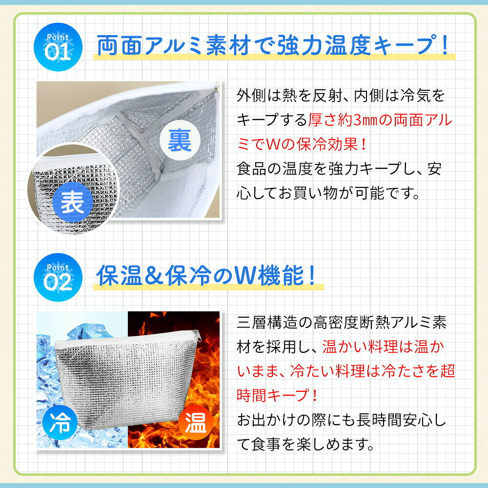 保冷ポケット アルミ保冷バッグ 両面 冷温両用 厚み3mm 二重アルミ 送料無料保冷 保温機能 頑丈で長持ち お弁当 保冷保温バッグ キャンプ 車のトランク用 自転車カゴ収納 二枚セット nishi-ryutu-2-10001595 日用品のH・ディンガー サンプル画像2