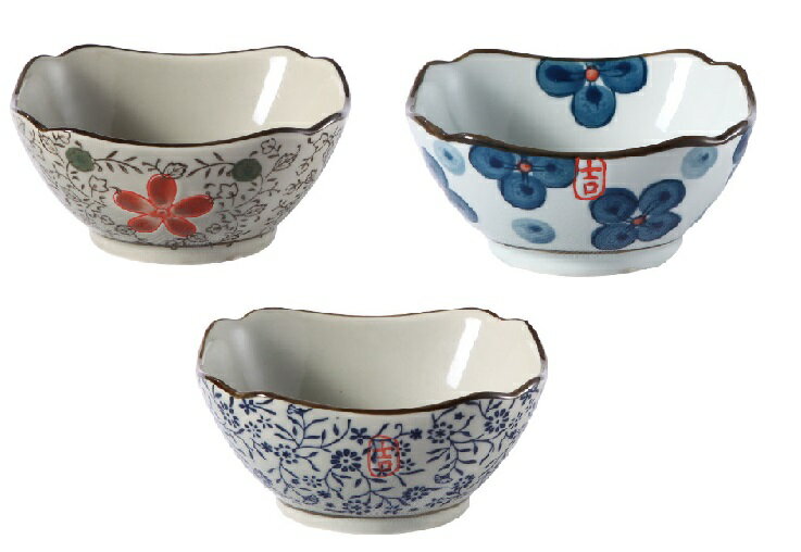 【送料無料3枚セット】小鉢 (300ml スクエア)和食器 ボウル 小付け 煮物皿 おしゃれ 花柄 レンジOK 食洗機対応 アウトレット 訳あり 普段使い 業務...