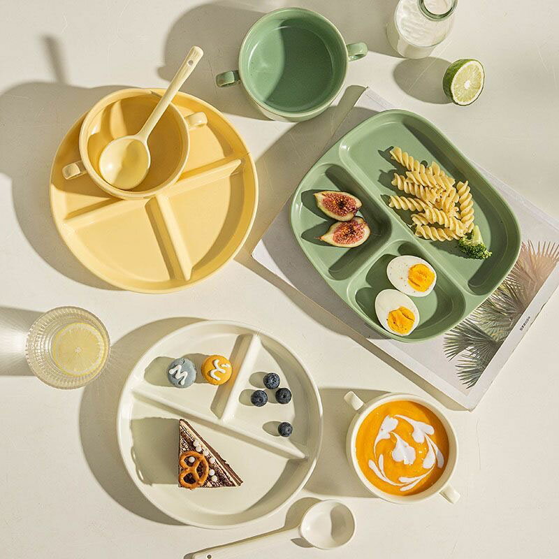 樂天商城 - 【15周年お客様感謝】ランチプレート＆スープカップ＆スプーンセット 食器セット 2形状×3色 仕切りプレートパーティー ホーム かわいい おしゃれ 磁器 カラバリ ins風 食洗機 レンジOK