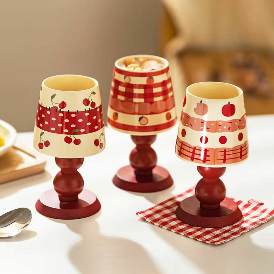 金属製スプーン付きデザートカップ 電気スタンド型 昭和風 レトロ 陶器 プリン アイス 食器 磁器 果物..