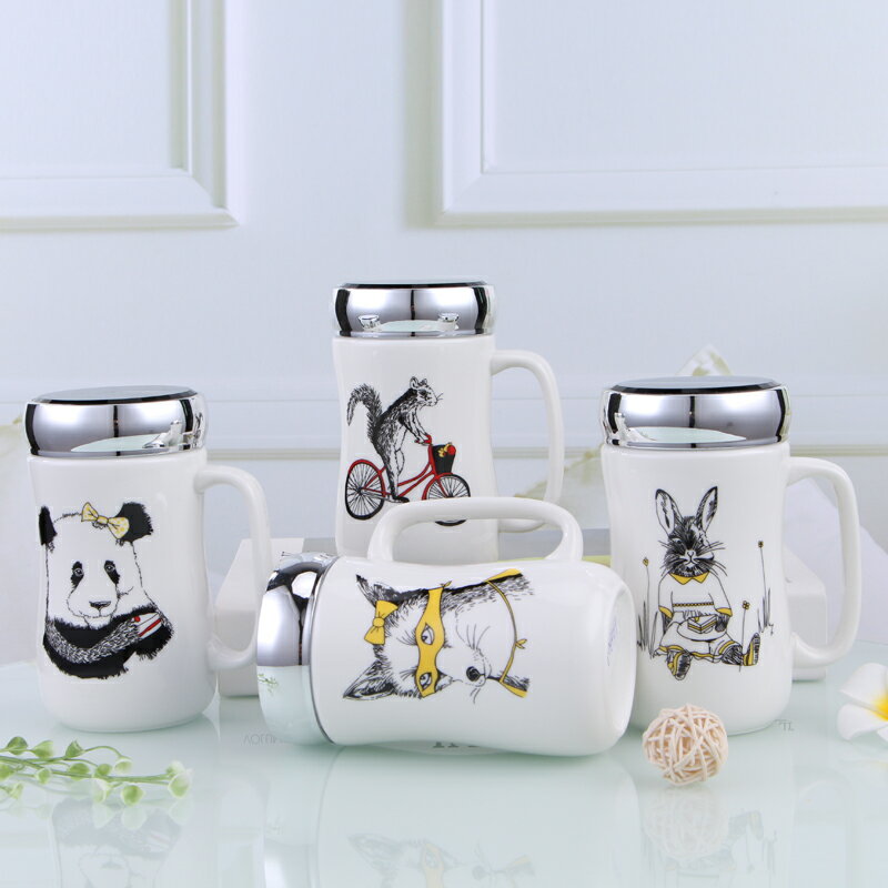 マグカップ 白磁 おしゃれ (動物デッサン　440ml) 蓋付き 【パンダ オオカミ ウサギ リス コップ レンジOK 食洗機対応 シンプル 強化磁器 アウトレット 普段使い】