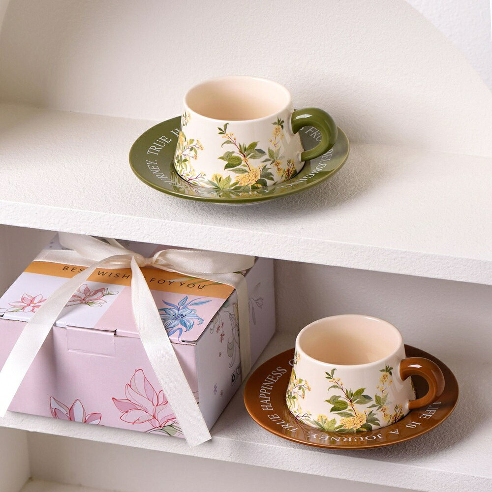 コーヒーカップ＆ソーサーセット 母の日プレゼント 絵付けマグカップ 花柄 260ml