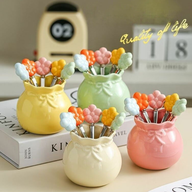 フォーク5色セット 可愛い花瓶型ケース付き ペンスタンド ペンホルダー 化粧筆入れとしても使えます セ..