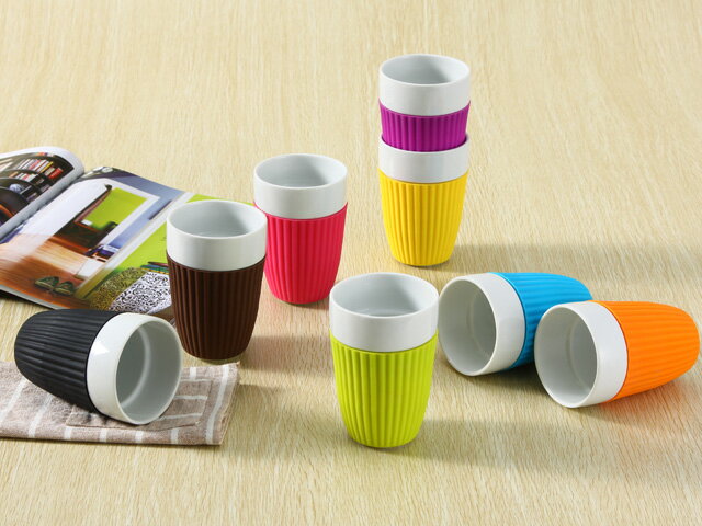 湯呑み(340ml)シリコンバンド付き【コップ 陶器 シリコン シンプル カラバリ 丈夫 軽い 小さい 収納 レンジOK かわいい】