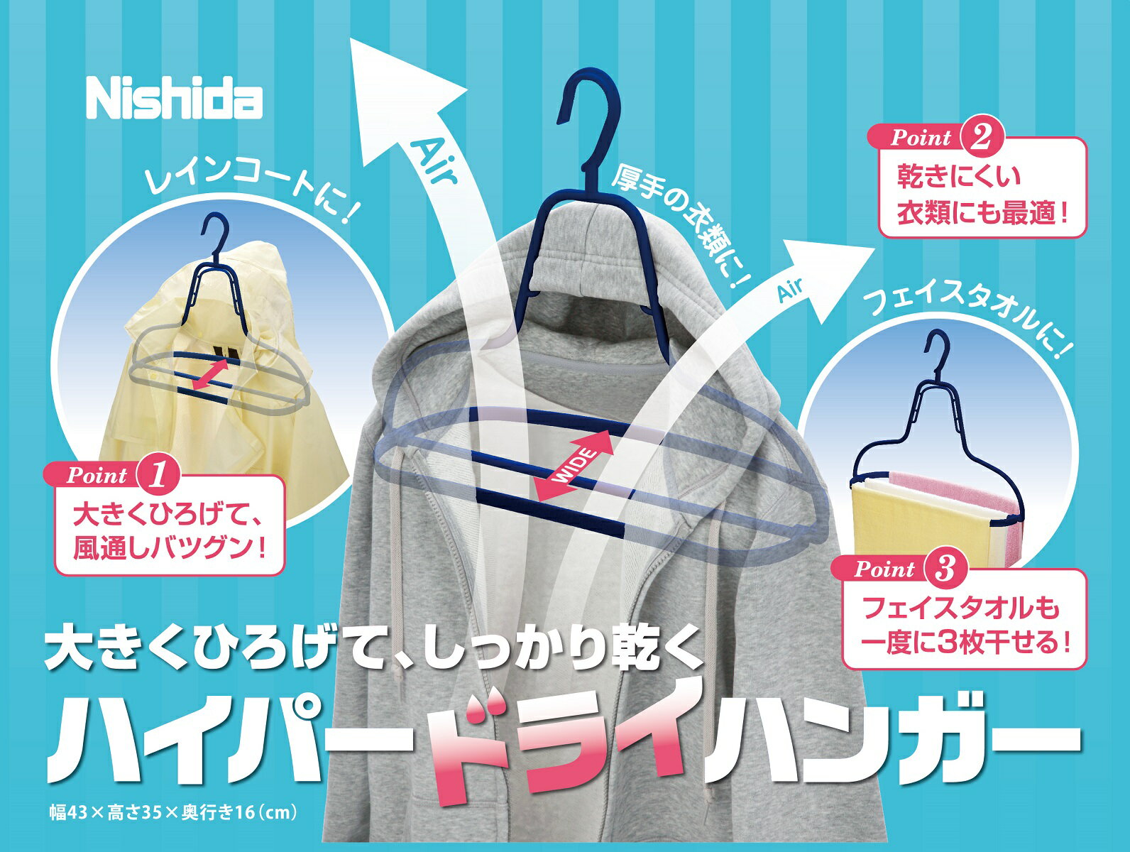※特別割引中※ ★あす楽★ 厚手向きな ハイパードライハンガー（ パーカー トレーナー フード スウェット 厚手 レインコート 雨 速乾 乾きやすい 早く乾く おしゃれ着 ） ニシダ直販