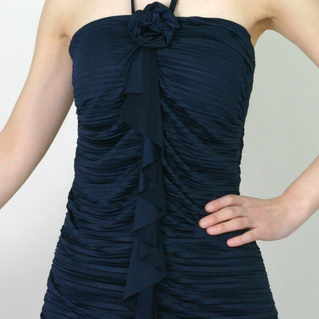 わけあり 伸縮素材の柔らかニットワンピース パーティードレス ホルターネック シャーリングワンピース 紺色 （ネイビー）