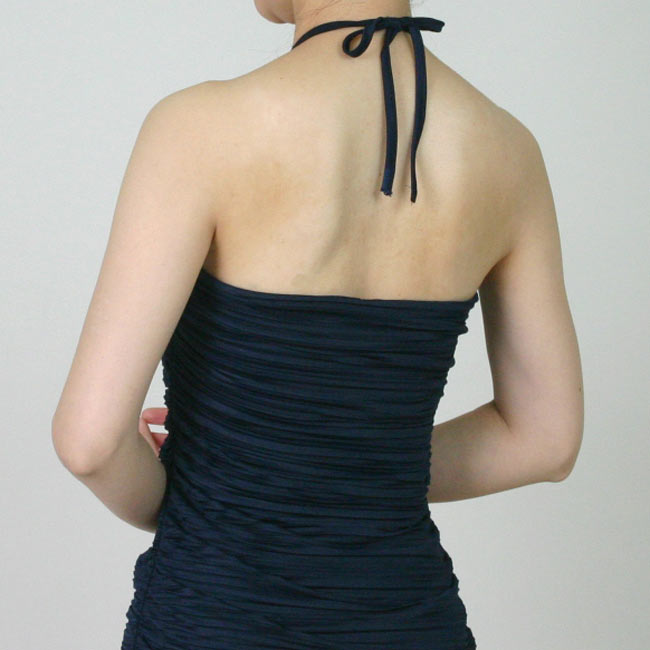 わけあり 伸縮素材の柔らかニットワンピース パーティードレス ホルターネック シャーリングワンピース 紺色 （ネイビー）