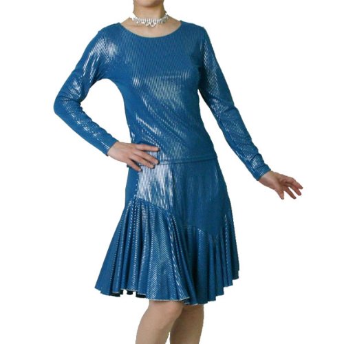 光沢伸縮ニット素材のダンス用Tシャツとスカートのセット アンサンブル ブルー