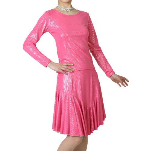 光沢伸縮ニット素材のダンス用Tシャツとスカートのセット アンサンブル ピンク