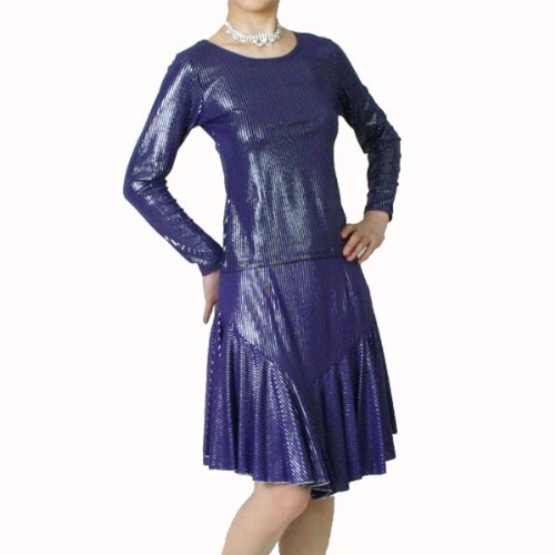 光沢伸縮ニット素材のダンス用Tシャツとスカートのセット アンサンブル 紫