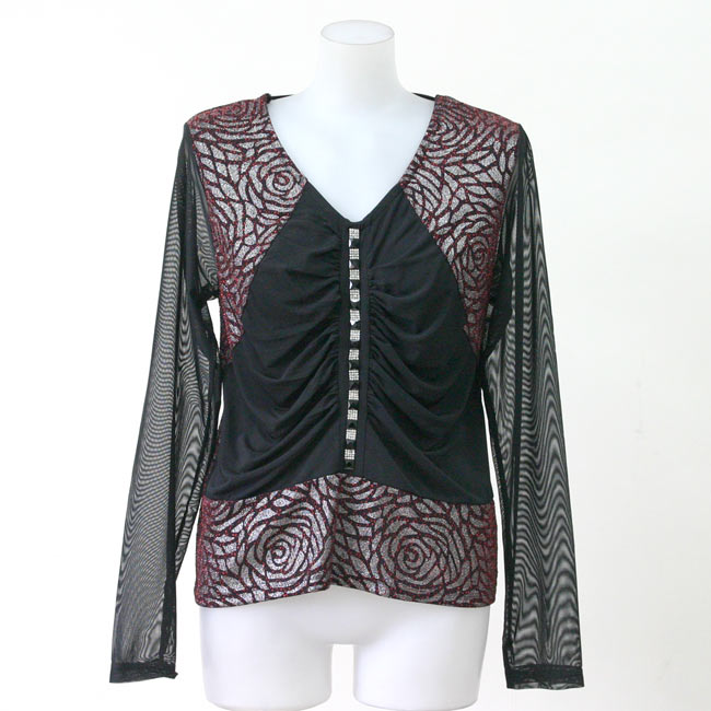 【送料無料 郵便】ラインストーン使いの長袖シャツ 黒・赤ラメバラ柄