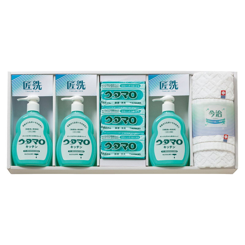 商品詳細 ガンコな汚れもしっかり落とす。ウタマロ洗剤でまっしろで気持ちのいい暮らし。■セット内容：ウタマロ石鹸（133g）・ウタマロキッチン（300ml）×各3、今治ウォッシュタオル（28×30cm）×2■型番：UTA-505A■材質：タオル:綿100%■箱サイズ：22.5×51×5.6cm■今治マーク（第2023-261号） ●こちらの商品は取扱メーカーから直送となります。●在庫は流動的ですので万一品切れの場合はご容赦ください。●在庫切れや、入荷待ち等となる場合はメールでご連絡させていただきます。★販促品として、さまざまなシーンでご利用ください。 内祝　内祝い　お祝い返し　ウェディングギフト　ブライダルギフト　引き出物　引出物　結婚引き出物　結婚引出物　結婚内祝い　出産内祝い　命名内祝い　入園内祝い　入学内祝い　卒園内祝い　卒業内祝い　就職内祝い　新築内祝い　引越し内祝い　快気内祝い　開店内祝い　二次会　披露宴　お祝い　御祝　結婚式　結婚祝い　出産祝い　初節句　七五三　入園祝い　入学祝い　卒園祝い　卒業祝い　成人式　就職祝い　昇進祝い　新築祝い　上棟祝い　引っ越し祝い　引越し祝い　開店祝い　退職祝い　快気祝い　全快祝い　初老祝い　還暦祝い　古稀祝い　喜寿祝い　傘寿祝い　米寿祝い　卒寿祝い　白寿祝い　長寿祝い　金婚式　銀婚式　ダイヤモンド婚式　結婚記念日　ギフト　ギフトセット　セット　詰め合わせ　贈答品　お返し　お礼　御礼　ごあいさつ　ご挨拶　御挨拶　プレゼント　お見舞い　お見舞御礼　お餞別　引越し　引越しご挨拶　記念日　誕生日　父の日　母の日　敬老の日　記念品　卒業記念品　定年退職記念品　ゴルフコンペ　コンペ景品　景品　賞品　粗品　お香典返し　香典返し　志　満中陰志　弔事　会葬御礼　法要　法要引き出物　法要引出物　法事　法事引き出物　法事引出物　忌明け　四十九日　七七日忌明け志　一周忌　三回忌　回忌法要　偲び草　粗供養　初盆　供物　お供え　お中元　御中元　お歳暮　御歳暮　お年賀　御年賀　残暑見舞い　年始挨拶　話題　のし無料　大量注文