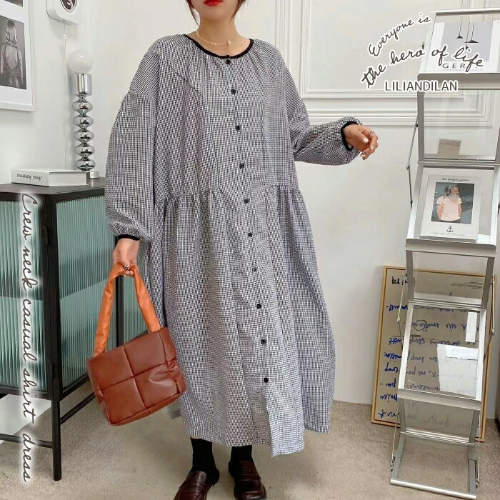 シャツワンピース クルーネック ONE SIZE チェック ロングシャツ ロング丈 シャツワンピ レ