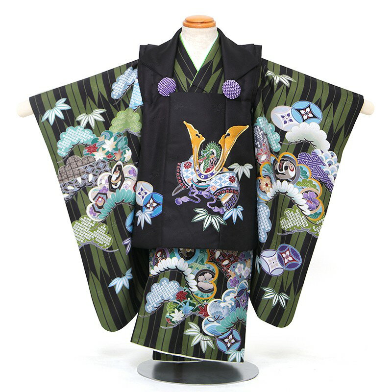 【レンタル】 七五三 男の子 被布 6点セット 被布レンタル フルセット sbw3299 【往復送料無料】 三歳 男児 被布 100cm ブランド 【陽気な天使】 七五三着物 緑 グリーン 黒 矢絣 兜 古典 被布 3歳 ジュニア レンタル着物 七五三 753 前撮り