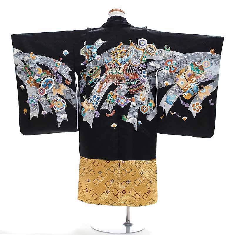 【レンタル】 七五三 男の子 羽織袴 12点セット 袴レンタル フルセット sbw5139 【往復送料無料】 五歳 男児 袴 110cm 七五三着物 黒 兜 袴 5歳 ジュニア レンタル着物 七五三 753 前撮り