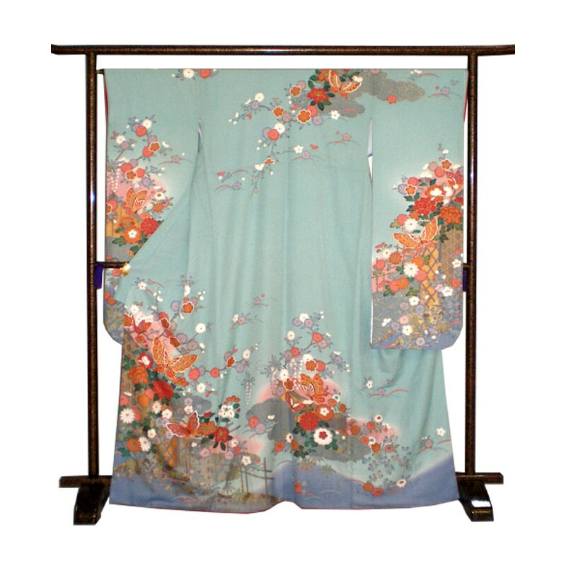 【レンタル】 振袖 18点セット 振袖レンタル フルセット f087-p 【往復送料無料】 振袖 M～Lサイズ レンタル 振袖 正絹 水色 花柄 蝶 振袖 レディース レンタル着物 結婚式 初詣 謝恩会 お茶会 お見合い 結納式