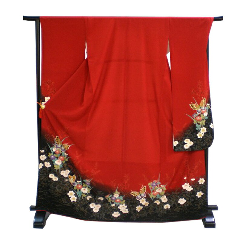 【レンタル】 振袖 18点セット 振袖レンタル フルセット f140-p 【往復送料無料】 振袖 M～Lサイズ レンタル 振袖 赤 花柄 蝶 振袖 レディース レンタル着物 結婚式 初詣 謝恩会 お茶会 お見合い 結納式