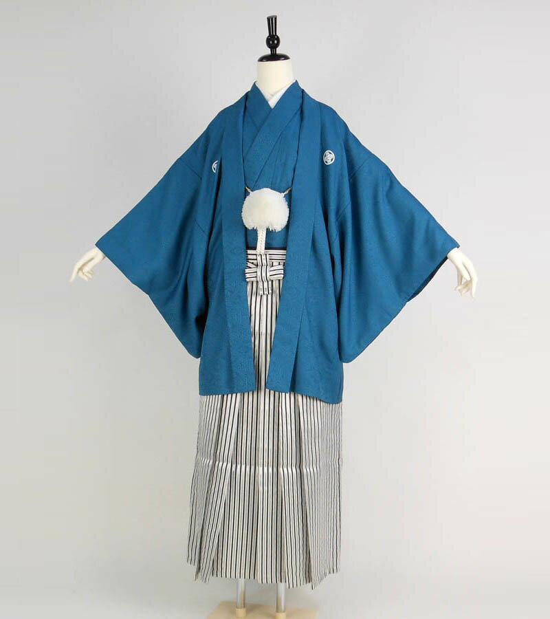 【レンタル】 紋付袴 9点セット【対応身長:160cm~165cm】羽織袴レンタル フルセット men052-p(mb127-h005) 【往復送料無料】 羽織袴 レンタル 卒業袴 青 無地 ストライプ 羽織袴 紋 丸に違い鷹の羽 メンズ レンタル着物 結婚式 披露宴 卒業式