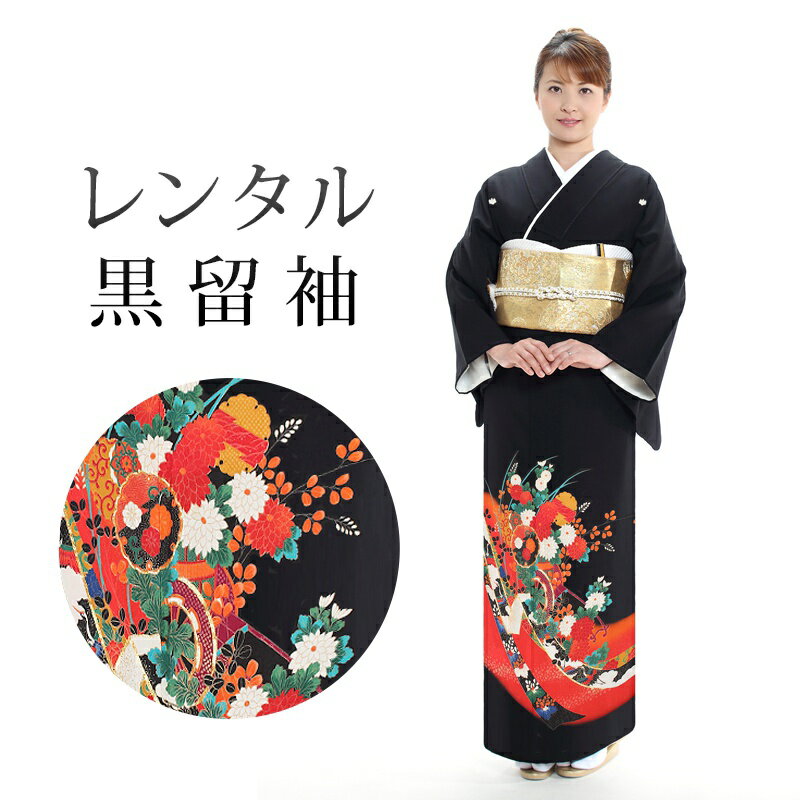 【レンタル】 黒留袖 18点セット 留袖レンタル フルセット t1-64 【往復送料無料】 黒留袖 Lサイズ レンタル 黒留袖 赤 緑 花車 熨斗 黒留袖 紋 五三桐 レディース レンタル着物 結婚式 披露宴 観劇 参列