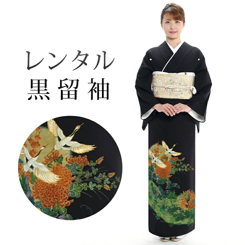 【レンタル】 黒留袖 18点セット 留袖レンタル フルセット t1-72 【往復送料無料】 黒留袖 Lサイズ レンタル 黒留袖 緑 鶴 花柄 黒留袖 紋 五三桐 レディース レンタル着物 結婚式 披露宴 観劇 参列