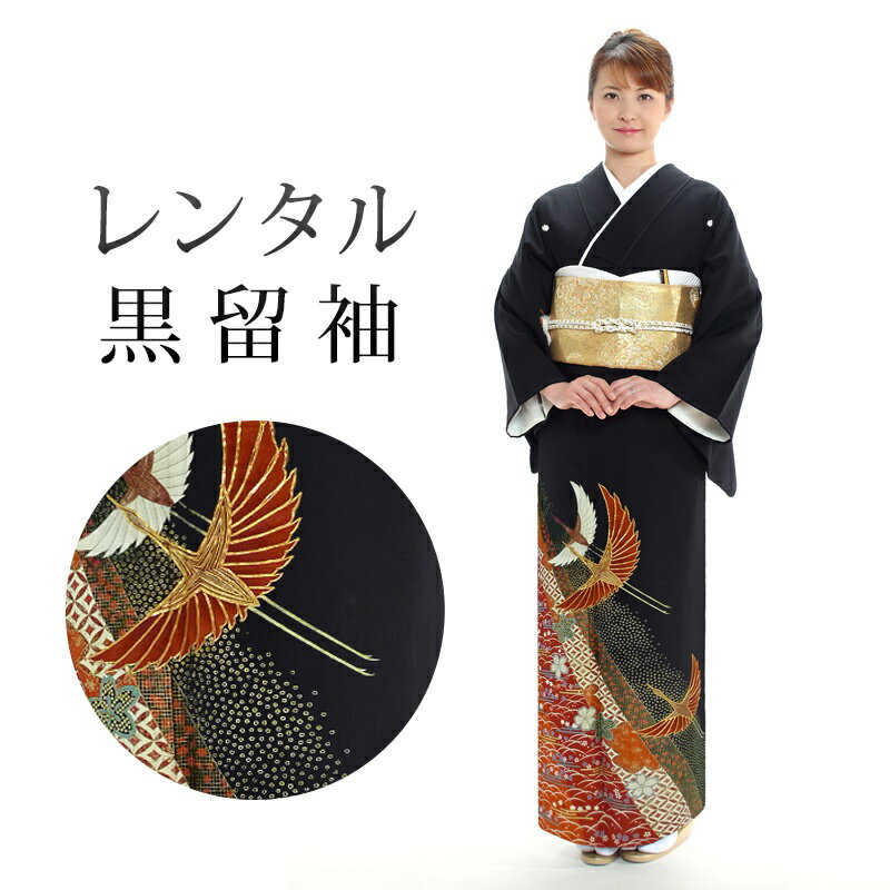 【レンタル】 黒留袖 18点セット 留袖レンタル フルセット t3-27 【往復送料無料】 30代 40代 黒留袖 Mサイズ レンタル 黒留袖 赤 鶴 古典 黒留袖 レディース レンタル着物 結婚式 披露宴 観劇 参列