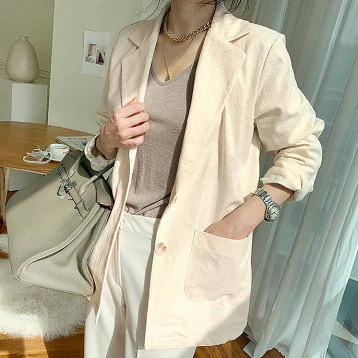 リネンジャケット レディース テーラードジャケット 長袖 無地 綿麻リネン素材 ショート丈 全5色 5サイズ アウター ジャケット アウター ジャケット 上品 春秋