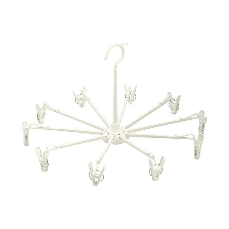 ●室内干しにも便利。 ●旅行先でも活躍できるコンパクトタイプ。 ●洗濯ばさみの先端は衣類に優しい丸形。 ●10本付き・洗濯ばさみ10個付き。 サイズ：縦44×横44×高さ25cm 重量：0.142Kg 材質：(本体)ポリプロピレン、(バネ)鋼 原産国：中国 カラー：ホワイト 商品写真は、 お使いのモニター設定、お部屋の照明等により実際の商品と色味が異なる場合がございます。