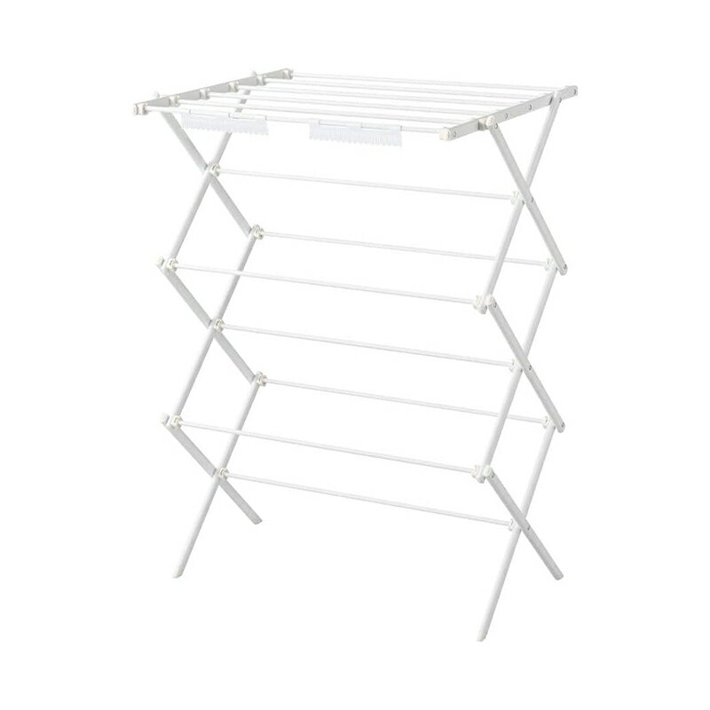 工具不要で組み立て簡単。平干しもできちゃう縦型物干し。 省スペースでたくさん干せる縦型形状。 クッションやセーター等の平干しもできる。 靴下やハンカチ等の小物を干せる樹脂パーツ付き。 部品点数が少なく、パーツはめ込み式で組み立て簡単。(目安5分／1人） 使わないときはコンパクトに収納可能。 サイズ：幅81×奥行60×高さ103cm 重量：約2.5kg 素材・材質：本体/スチール粉体塗装パイプ・ABS樹脂、小物干しパーツ/ポリプロピレン 原産国：中国 商品写真は、 お使いのモニター設定、お部屋の照明等により実際の商品と色味が異なる場合がございます。