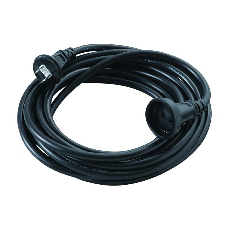 15A1ツ口5メートル防雨型延長コード。 耐寒性に優れたやわらかい電線を使用した延長コードです。 屋外型の防雨型延長コードです。 商品サイズ：幅50×高さ5000×奥行き50mm 定格：15A・125V コンセント：2PX1ツ口 色：黒 電線サイズ：VCT2芯X1.25sq 長さ：5M 屋外型 【注意事項】 このコードは合計1500W以下で使用して下さい。 濡れた手でのプラグなどの抜き差しは決してしないで下さい。 プラグはきっちりと差し込んでお使いください(接触不良で発熱する原因となります)。 商品写真は、 お使いのモニター設定、お部屋の照明等により実際の商品と色味が異なる場合がございます。