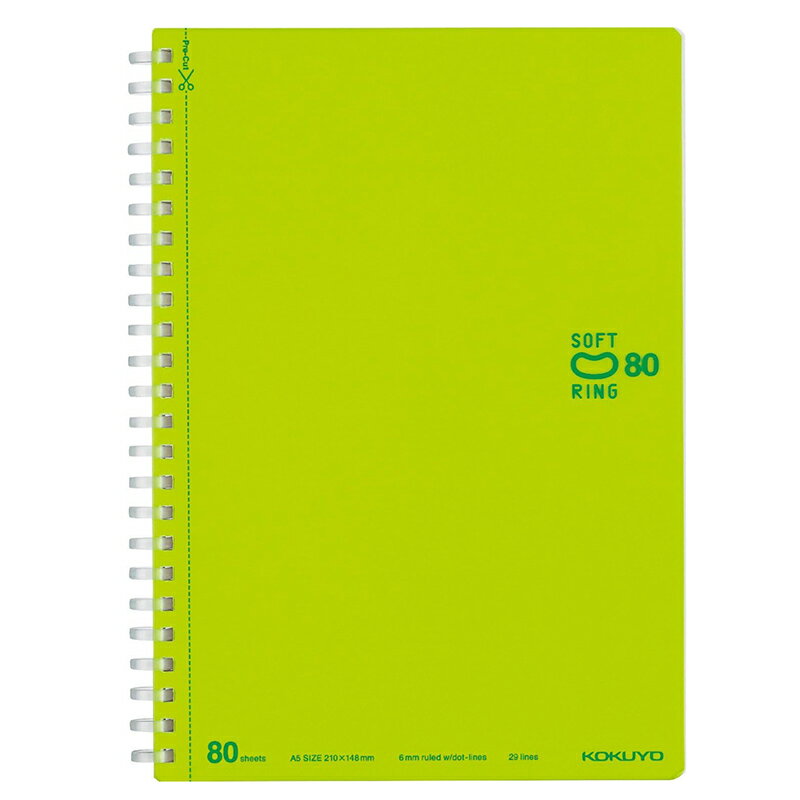 ＜KOKUYO ソフトリングノート A5 ドット B罫 80枚 ライトグリーン ス-SV338BT-LG＞ ●コクヨ独自開発の“新感覚やわらかリング”を採用したリングノートです。 ●平らに開くので書き込みやすい、平らに折り返せるので狭い場所でも心地よく使える、といったリングノートのよさはそのままに、書くときリングに手が当たっても気にせず端まで美しく書ける、これからの新定番ノートです。 ●リング形状が“Dの字型”になっているので、リング幅がコンパクトでリングノート特有のかさばり感がありません。 ●ノートの枚数はたっぷり書ける80枚です。 ●必要なページだけをきれいに切り離せる、マイクロミシン目入りのカットオフタイプです。 ●「美しく書く」をサポートするドット入り罫線を採用しました。 【商品仕様】 サイズ：A5 中紙寸法（タテ・ヨコ）：210・148 罫内容：ドット入りB罫(6mm) 行数：29行 枚数：80枚 紙質：中紙：上質紙 製品色：ライトグリーン 商品写真は、 お使いのモニター設定、お部屋の照明等により実際の商品と色味が異なる場合がございます。