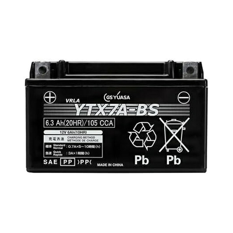 ＜GSユアサ VRLA 制御弁式バッテリー バイク用バッテリー YTX7A-BS＞ ■安心のメンテナンスフリー ■動きの激しいバイクでも安心の、抑漏液構造 ■高性能・高品質 ■低温時や長期放置後もOK、優れたエンジン始動性 ■長期保管でも安心。小自己放電 ■12ヶ月または走行距離2万kmまでの製品補償付 【仕様】 型式：YTX7A-BS 電圧：12V 10時間率容量：6Ah 長さ：151 幅：88 高さ：94 端子形状：E 液入充済質量：2.6kg 普通充電電流(A)：0.7 備考：液入り充電済 商品写真は、 お使いのモニター設定、お部屋の照明等により実際の商品と色味が異なる場合がございます。
