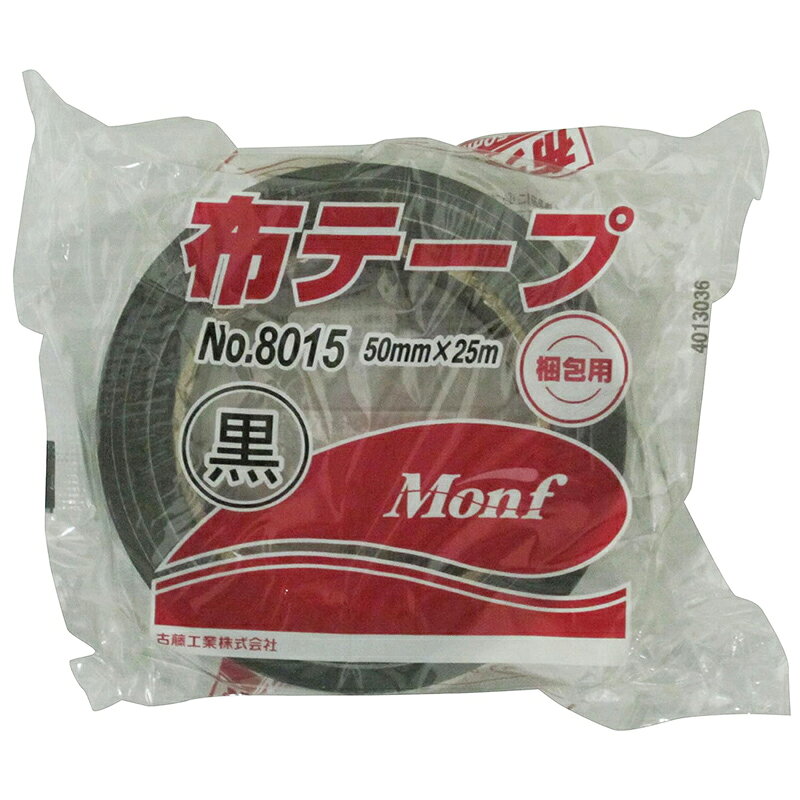 ＜古藤工業 Monf 梱包用 布粘着テープ 黒 50mm×25m カラー布テープ No.8015＞ ●カラー布テープのエコノミータイプです。 ●識別・梱包・ライン用として適しています。 【商品仕様】 カラー：黒 厚み：0.2mm 幅×長さ：50mm×25m 材質：PE（ポリエチレン）ラミネート布、粘着剤／天然ゴム系 商品写真は、 お使いのモニター設定、お部屋の照明等により実際の商品と色味が異なる場合がございます。