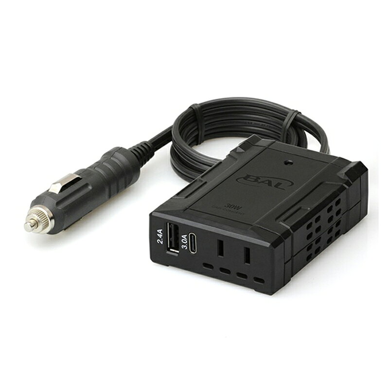 ＜大橋産業 BAL カーコンセント 30W 3.0A 車でコンセントが使える No.2817＞ ■USB TYPE-C 3.0A対応 ■お車のアクセサリーソケットの電源（DC12V）を家庭用電源（AC100V）やUSB電源（DC5V）に変換しスマートフォンやタブレットPCへ電源供給ができます。 ■家庭用電源とUSB電源を同時に使用することができます。（同時使用合計出力30W以内） ■USBはiPhoneとandroidを自動識別 ■ファンレスで動作音がしない ■スマホやタブレットPCなどの急速充電対応 ■コンパクトで取り付けやすい ■5種類の安全保護回路を搭載 入力電圧 DC12V 出力電圧 AC100V/DC5V 定格出力 30W（USB出力含む） 出力周波数 55Hz（50/60Hz 表示機器使用可能） 出力波形 調整矩形波 電源入力方式 アクセサリープラグ接続 保護回路 低電圧入力保護回路・高電圧入力保護回路・出力過負荷保護回路・出力短絡保護回路・高温保護回路 USB出力 DC5V　2.4A/3.0A（2口合計） USB端子形状 Aタイプ/Cタイプ コード長 電源コード：約0.9m（有効長） 本体サイズ 59(W)×80(D)×26(H)mm 質量 143g（電源コード、アクセサリープラグ含む） 商品写真は、 お使いのモニター設定、お部屋の照明等により実際の商品と色味が異なる場合がございます。