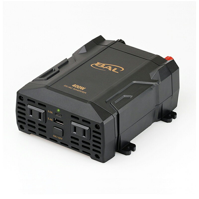 ＜大橋産業 BAL DC/ACインバータ 400W 車でコンセントが使える No.2820＞ ■消費電力が400Wまでの家電製品を車内で使えるように、自動車の電源（DC12V）をAC100V/DC5Vに変換する機器です。 ■2種類の電源を同時に使用できます。 （AC100V×2口+USB×2口（TYPE-A 2.4A/TYPE-C 3.0A）=400W） ■USBポート　TYPE-C （3.0A）※ 　／TYPE-A （2.4A）を搭載 ■スマホやタブレットPCなどの急速充電対応 ■5種類の安全保護回路を搭載 ※USB TYPE-CでのiPhone15以降の機種への充電は未対応です。 入力電圧 DC12V 出力電圧 AC100V/DC5V 定格出力 400W（USB出力含む） 出力周波数 55Hz（50/60Hz表示機器使用可能） 出力波形 調整矩形波 電源入力方式 バッテリー接続/アクセサリープラグ接続 回路方式 P.W.M方式 保護回路 低電圧入力保護回路・高電圧入力保護回路・出力過負荷保護回路・出力短絡保護回路・高温保護回路・逆接続保護（ヒューズ保護） USB出力 DC5V 2.4A/3.0A（2口合計） USB端子形状 Aタイプ/Cタイプ 使用環境温度 0〜40℃ ヒューズ 35A×2 コード長 バッテリー接続コード：0.9m　アクセサリーソケット接続コード：0.9m 本体サイズ 121(W)×165(D)×62(H)mm 質量 590g（本体のみ） 商品写真は、 お使いのモニター設定、お部屋の照明等により実際の商品と色味が異なる場合がございます。