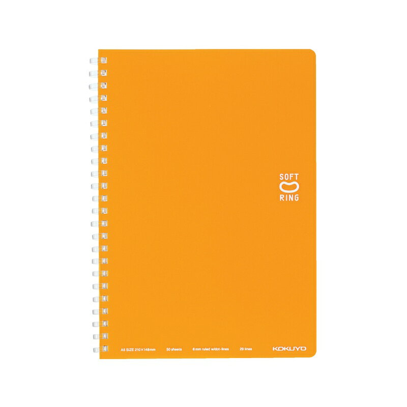 ●コクヨ独自開発の“新感覚やわらかリング”を採用したリングノートです。 ●平らに開くので書き込みやすい、平らに折り返せるので狭い場所でも心地よく使える、といったリングノートのよさはそのままに、書くときリングに手が当たっても気にせず端まで美しく書ける、これからの新定番ノートです。 ●リング形状が“Dの字型”になっているので、リング幅がコンパクトでリングノート特有のかさばり感がありません。 ●「美しく書く」をサポートするドット入り罫線を採用しました サイズ：A5 中紙寸法（タテ・ヨコ）：210・148 罫内容：ドット入りB罫(6mm) 行数：29行 枚数：50枚 紙質：中紙：上質紙 商品写真は、 お使いのモニター設定、お部屋の照明等により実際の商品と色味が異なる場合がございます。