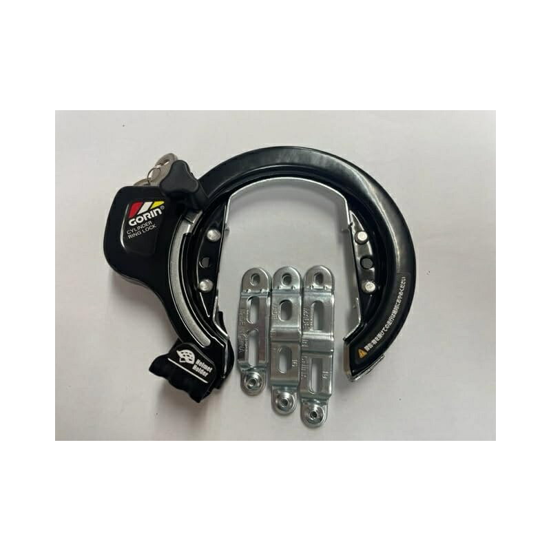 ヘルメットホルダー付きリング錠 後輪錠 大型リング錠 カギ式 ヘルメットロックホルダー付き（専用ツマミ） カラー:ブラック 軽快車からCTBまで対応できピンシリンダー機構を採用した信頼性の高い大型リング錠です。 車種・フレームに合わせて選べる取付けバンド3種類付き。 商品写真は、 お使いのモニター設定、お部屋の照明等により実際の商品と色味が異なる場合がございます。