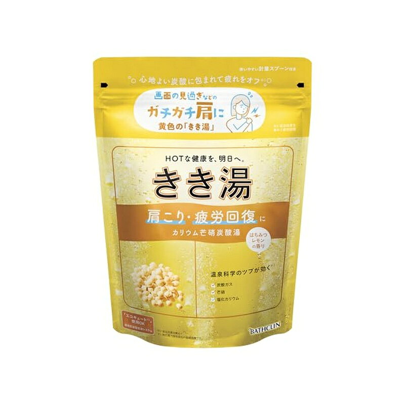 バスクリン きき湯 カリウム芒硝炭酸湯 はちみつレモンの香り 360g ●温泉ミネラル・炭酸ガスを凝縮したツブが発泡し、成分がすばやくお湯に溶け込む ●つめかえ要らず、そのまま使えるパック 【効能 効果】 疲労回復、肩のこり、腰痛、冷え性、荒れ性、あせも、にきび、しっしん、神経痛、うちみ、くじき、痔、リウマチ、ひび、あかぎれ、しもやけ、産前産後の冷え性 【使用方法】 お風呂のお湯(200L)に約30g(付属の計量スプーンで1杯分)の割合でツブ剤を溶かしてから入浴します。 【注意事項】 ・発泡中に顔を湯面に近づけると、まれにせき込む場合があります。 ・さら湯で洗い流さず、そのままお上がりください。 ・赤ちゃん(生後3か月以上)と一緒に入浴する時も使えます。 ■保管について ・パウチの中に水を入れない。万一パウチに水が入った場合は、発泡が収まるまでチャックを開けて放置する。 ・チャックをしっかり閉め、乳幼児の手の届く所や直射日光の当たる場所、高温・多湿の所に置かない。 ・品質保持のため他の容器につめかえない。 ・パウチ開封後はできるだけ早めに使用する。 ■使用上の注意 ・皮フ又は体質的に異常がある場合は、医師に相談の上使用する。 ・使用中や使用後、皮フに発疹、発赤、かゆみ、刺激感等の異常が現れた場合、使用を中止し、皮フ科医に相談する。使い続けると症状が悪化することがある。 ・本品は食べられない。万一大量に飲み込んだ場合は、水を飲ませる等の処置をし、医師に相談する。 ・本品と他の入浴剤の併用は避ける。 ・入浴以外の用途には使用しない。 ・浴槽の汚れは早めに浴槽用洗剤で落とす。時間がたつと落ちにくくなり入浴剤の色素が付着して色がつくことがある。 ・本品には浴槽・風呂釜をいためるイオウは入っていない。 ■にごり成分について ・全自動給湯器・24時間風呂の場合、機種によっては使用できない場合があるので、機種の説明書を確認の上、使用する。 ・木製の浴槽の場合、にごり成分が付着して取りにくい場合があるので、使用を避ける。 ・風呂釜や配管の汚れににごり成分がつき、追いだき時に出てくることがある。 ・使用後、循環口のフィルターや浴槽等に残ったにごり成分はよく洗い流す。 ■残り湯について ・残り湯は洗濯に使用できるが、すすぎとつけおきは清水で行うこと。ただし次の衣料には使用しない。着色する場合がある。 (1)柔軟仕上げを強く掛けた衣料(2)おろしたてや大切な衣料 ・残り湯には無機塩が多く含まれるので、鉢植えや大切な植物への水やりに使わない。 【原産国】 日本 --------- ■広告文責：西村ジョイ株式会社 　電話番号：0120-895-200 ■バスクリン 　102-0073 東京都千代田区九段北4-1-7 　電話番号：0120-39-8496（お客様相談室のフリーダイヤル） ■原産国：日本 ■商品区分：医薬部外品 --------- 商品写真は、 お使いのモニター設定、お部屋の照明等により実際の商品と色味が異なる場合がございます。
