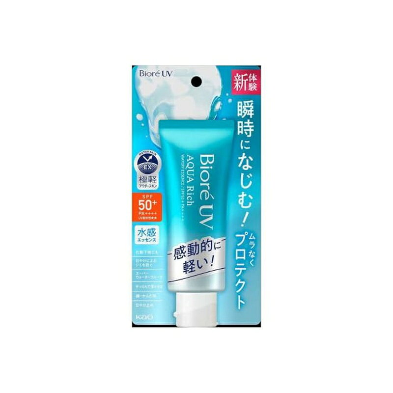 ●SPF50+ PA++++ ●UV耐水性★★ ●顔・からだ用 ●ムラなく瞬時になじみ、強力紫外線からプロテクト ●まるで一枚の皮膚のように全身を覆う、薄く均一なUVブロック膜 ●ミクロレベルのスキマまで塗りムラ防ぐ ●日中もさらっとベタつかない ●ミクロディフェンス処方 ベヘン酸グリセリル、ジステアリン酸ソルビタンを含む両親媒性成分(水にも油にもなじむ性質)からなるUV防御剤内包カプセルを配合した日やけ止め処方 ●みずみずしいウォーターベース ●美容液成分(保湿)配合 ヒアルロン酸・ビタミンC誘導体(1)・BG ●せっけんで落とせる ●ニキビになりにくい処方(ノンコメドジェニックテスト済み(2) ●化粧下地にも使える ●日やけによるシミ、そばかすを防ぐ ●合成着色料無配合 ●アレルギーテスト済み(2) ●ホワイトミュゲの優しい香り (1) アスコルビルグルコシド (2)すべての方にコメド(ニキビのもと)ができない、アレルギーが起こらないというわけではありません。 【販売名】ビオレUVアクアリッチウォータリーエッセンスr 【成分】 水、メトキシケイヒ酸エチルヘキシル、エタノール、シリカ、パルミチン酸イソプロピル、エチルヘキシルトリアゾン、DPG、安息香酸アルキル(C12-15)、ジエチルアミノヒドロキシベンゾイル安息香酸ヘキシル、ビスエチルヘキシルオキシフェノールメトキシフェニルトリアジン、パルミチン酸デキストリン、BG、キシリトール、ジステアリン酸ソルビタン、(アクリレーツ／アクリル酸アルキル(C10-30))クロスポリマー、グリセリン、プロパンジオール、(アクリル酸ヒドロキシエチル／アクリロイルジメチルタウリンNa)コポリマー、ベヘン酸グリセリル、イソヘキサデカン、水酸化K、セタノール、ポリシリコーン-9、ステアロイルグルタミン酸、ポリソルベート60、アルギニン、アスコルビルグルコシド、PEG-12、ヒアルロン酸Na、フェノキシエタノール、EDTA-2Na、BHT、香料 【注意事項】 使用前 ・特に肌の弱い方は使わないでください。 ・除毛直後や肌に傷、はれもの、湿疹等異常のあるところには使わないでください。 使用時 ・肌に異常が生じていないかよく注意して使用してください。肌に合わない時、使用中に赤み、はれ、かゆみ、刺激、色抜け(白斑等)や黒ずみ等の異常が出た時、直射日光があたって同様の異常が出た時は使用を中止し、皮フ科医へ相談してください。使い続けると症状が悪化することがあります。 ・目に入らないように注意し、入った時は、すぐに充分洗い流してください。 ・衣類等につかないよう充分ご注意ください。ついた時は、すぐに洗剤で丁寧につまみ洗いしてください。また、ついた部分がピンク等に変色(着色)する場合がありますので、塩素系漂白剤のご使用は避けてください。 保管 ・高温の場所、直射日光のあたる場所には置かないでください。 ・子供や認知症の方などの誤食等を防ぐため、置き場所にご注意ください。 【原産国】 日本 --------- ■広告文責：西村ジョイ株式会社 　電話番号：0120-895-200 ■花王株式会社 　103-8210 東京都中央区日本橋茅場町1-14-10 　電話番号：0120-165-692 ■原産国：日本 ■商品区分：化粧品 --------- 商品写真は、 お使いのモニター設定、お部屋の照明等により実際の商品と色味が異なる場合がございます。