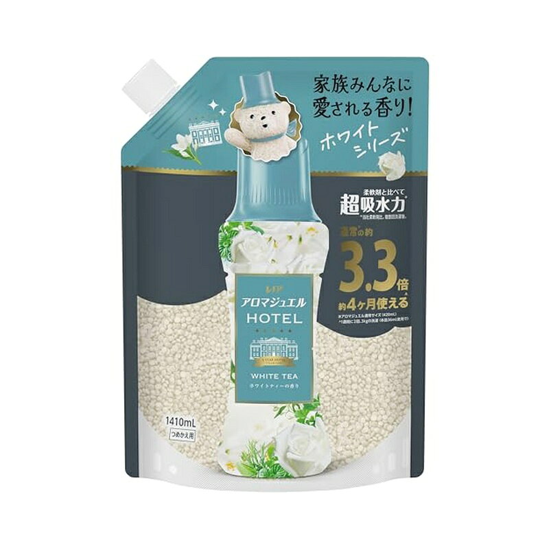 ●世界的フレグランスメゾンとコラボ！ ●柔軟剤以上。香水よりやさしく香る！ ●髪ふくタオルの水分さらっと吸収※ ●柔軟剤と比べて、超吸水※＆香り長続き ●柔軟剤より上質なフレグランスが、香水よりやさしく、長く続きます。 ●5つ星ホテルの香りを再現 ●ホワイトティーの香り：気品あるホワイトティーに、清楚なすずらんを重ね、贅沢なときめきを。 ●縦型／ドラム式どちらでもOKお洗濯のはじめに入れるだけ！ ●通常本体※の約3.3倍 ※アロマジュエル通常サイズ(420mL)より約4か月使える ●※メーカー柔軟剤比。複数回洗濯後。1週間に2回、3Kgの洗濯(本品36mL使用)で ●香りづけ専用ビーズ 【使用方法】 ・1お洗濯のはじめに入れるだけ！ ・洗濯槽に入れた洋服の上にビーズを直接入れるだけ。 ・2洗剤や柔軟剤をいつも通り入れる。 ・空気を含んだビーズだからよく溶ける。 ・おしゃれ着コースやドライコースでお使いの場合、製品を溶かしてから、衣類を入れてください。 ・使用量の目安：衣料1kgに対して12mL。 ・上記は目安ですので、お好みの香りの強さになるように、量を調節できます。 ・「すすぎ1回」のお洗濯にもお使いいただけます。 ・溶け残りが気になる場合は、製品を溶かしてからお使いください。 【成分】 安定化剤、香料 【注意事項】 ・香りの感じ方には個人差があります。 ・使用量の目安を参考に、周囲の方にもご配慮の上、お使い下さい。食べ物ではありません。 ・使用上の注意：子供の手の届くところに置かない。 ・認知症の方などの誤飲を防ぐため、置き場所に注意する。用途外に使用しない。 ・応急処置：万が一、飲み込んだ場合は水を飲ませる、又、目に入った場合はこすらずに水でよく洗う等応急処置をし、医師に相談する。 【原産国】 中国 商品写真は、 お使いのモニター設定、お部屋の照明等により実際の商品と色味が異なる場合がございます。