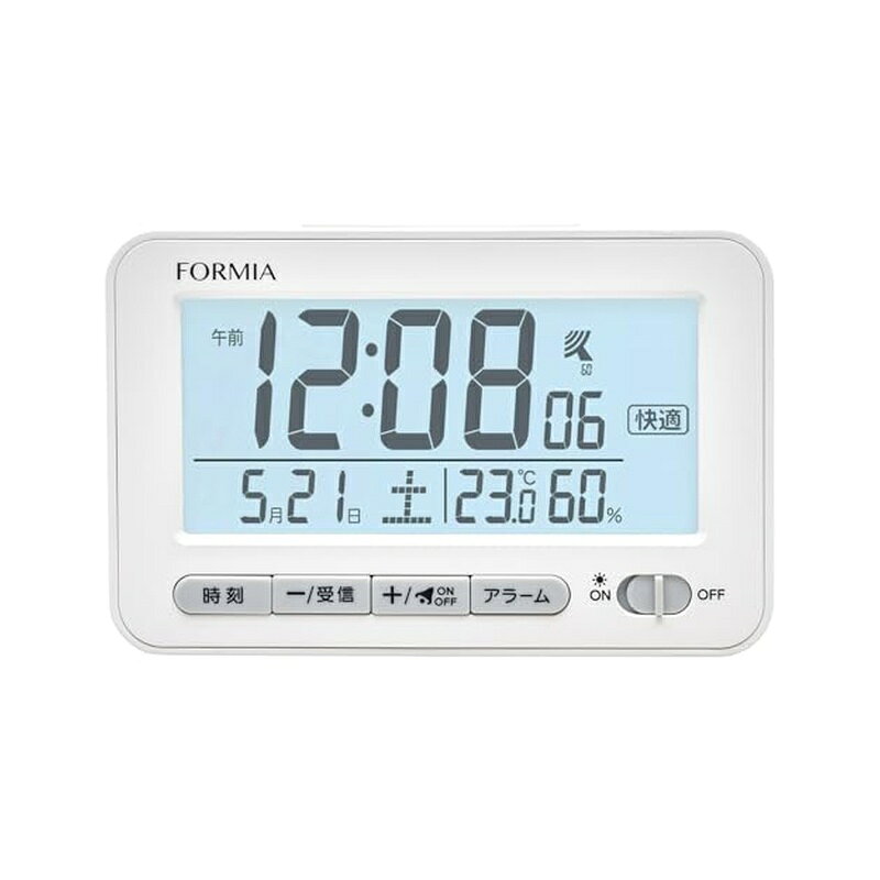 時刻の修正が不要の電波時計。前面にボタンがあり操作しやすいです 液晶画面に時刻を大きく、そしてカレンダーや温度・湿度など便利な情報も見やすく表示します。 商品型番：HT-039RC 素材：ABS/ガラス 商品サイズ（高さ×幅×奥行き）：H78xW120xD53mm 商品重量：133g カラー：ホワイト 機能： ・電波付 ・光センサー付 ・環境目安表示 ・電子音アラーム ・スヌーズ ・温湿度計 ・12/24時間制 ・バックライト 電源：単3乾電池x2本 電池寿命：約1年（アルカリ電池推奨） 商品写真は、 お使いのモニター設定、お部屋の照明等により実際の商品と色味が異なる場合がございます。