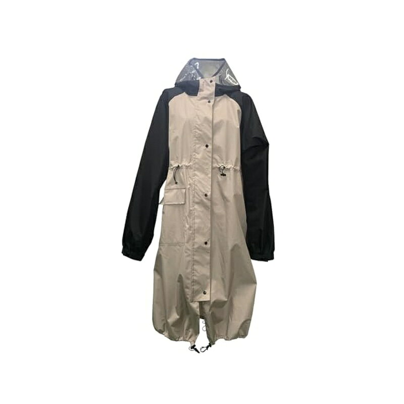 色: ベージュ/ブラック 【サイズ】フリーサイズ・身長：145cm〜175cm・着丈：108cm・身幅：64cm・裾回り：77〜85cm・袖丈：78cm・袖口：10cm 腰回りにドロストがついており、シルエットの調整が可能です。 落ち着いたカラーデザインで、ムレ防止の通気口も備えることで、デザイン性に加え機能性にもこだわりました。 ヘルメットにも対応する深めのフードです。左右の視界確認ができるようクリアフードになっております。 【撥水加工】耐水圧：10000・透湿性：20000 【注意】・モニター発色の具合により色合いが異なる場合がございます。 ・梱包の都合上、小さな箱に収納されている為、シワが発生する場合がございます。使用することで解消されます。 ・縫製品の為、完全防水ではございません。耐水圧が高い為、基本的に大雨は問題ございませんが、使用環境、使用方法、体格、経年劣化等により水がしみ込んでくる場合がございます。 商品写真は、 お使いのモニター設定、お部屋の照明等により実際の商品と色味が異なる場合がございます。