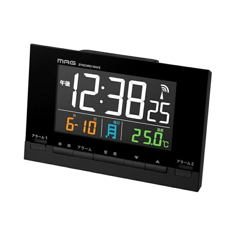 スタイリッシュで分かりやすいデジタル電波時計。 カラーのLCD配色が見やすい親切表示。 視認性を向上させる明るさ3段階切替機能。 電池切れの心配がないAC電源仕様。 商品コード T-793 BK 色 ブラック 商品サイズ 88mm × 140mm × 38mm 重量 170g 電源 AC電源(コード:約180cm)、CR2032コイン形電池1個(バックアップ用、別売) 素材 枠:プラスチック、風防:プラスチック 原産国 中国 付属品 取扱説明書、保証書、ACアダプター 機能 電波時計、4色カラー液晶表示、電子音アラーム、ダブルアラーム、スヌーズ、カレンダー表示、温度表示、12/24時間表示切替、明るさ切替(3段階) ----------- ■記号：ひし形のPSEマーク ■届出事業者名：ノア精密株式会社 ■登録検査機関名称：JET ■定格電圧、定格電流等の諸元：入力 AC100V 50/60Hz、出力 DC4.5V 150mA ----------- 商品写真は、 お使いのモニター設定、お部屋の照明等により実際の商品と色味が異なる場合がございます。