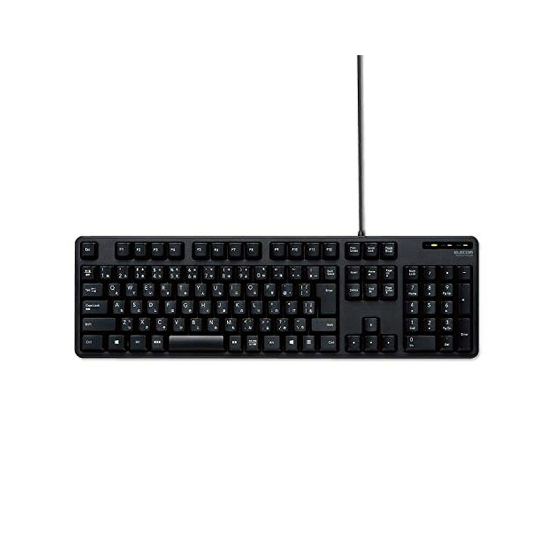 型番：TK-FCM104BK ●タイピングしやすい、JIS規格準拠の標準日本語配列のキーボードです。 ●大型のエンターキーや、独立して配置されたDeleteやInsertなどの特殊キーにより、誤入力しにくく快適なキータイピングが行えます。 ●電池が不要で、PCに挿すだけですぐに使用することができる有線接続タイプです。 ●長さ1.5mのケーブルを採用しており、デスクトップPCなどでも余裕のある配線が可能です。 ●数字入力に便利なテンキー付きのフルキーボードで、エクセルなどの作業を効率化します。 ●キートップをラバードームで支えるメンブレン方式を採用しています。 ●最大1000万回のキーストロークに耐える丈夫なキー設計で、長期間に渡って使用可能です。 ●キートップにはスタイリッシュで見やすいオリジナルフォントを使用しています。 ●キーの印字には長期間の使用でも消えにくいレーザー刻印を施しています。 ●打鍵しやすいキーピッチ19mmで快適なタイピングが可能です。 ●姿勢に合わせて傾斜角を2段階で調整できる角度調整スタンドが付いています。 ●スタンドにはしっかりしたキータッチに役立つ滑り止めが付いています。 ●誤って水などの液体をキーボード上にこぼしても、本体裏面の水抜き穴からすぐに液体を排出できる排水機能を装備しています。※防水設計ではありません。 仕様 ■インターフェイス：USB ■コネクタ形状：USB(A)オス ■対応機種：USBポートを装備したWindows OS搭載機 ■対応OS：Windows 11、Windows 10、Windows 8.1、Windows 7、Windows XP ※各OSの最新バージョンへのアップデートや、サービスパックのインストールが必要になる場合があります。 ■カラー：ブラック ■キータイプ：メンブレン ■キー配列：109キー(日本語配列) ■キーピッチ：19.0mm ■キーストローク：3.5mm ■電源方式：USBバスパワー ■ケーブル長：1.5m ■外形寸法：幅447.7mm×奥行136.0mm×高さ31.6mm(スタンド含まず)、幅447.7mm×奥行136.0mm×高さ40.1mm(スタンド時) ※ケーブル除く ■サイズ分類：フルサイズ ■質量：約574g ※ケーブル含む ■VCCI classB対応：○ ■保証期間：6カ月間 商品写真は、 お使いのモニター設定、お部屋の照明等により実際の商品と色味が異なる場合がございます。