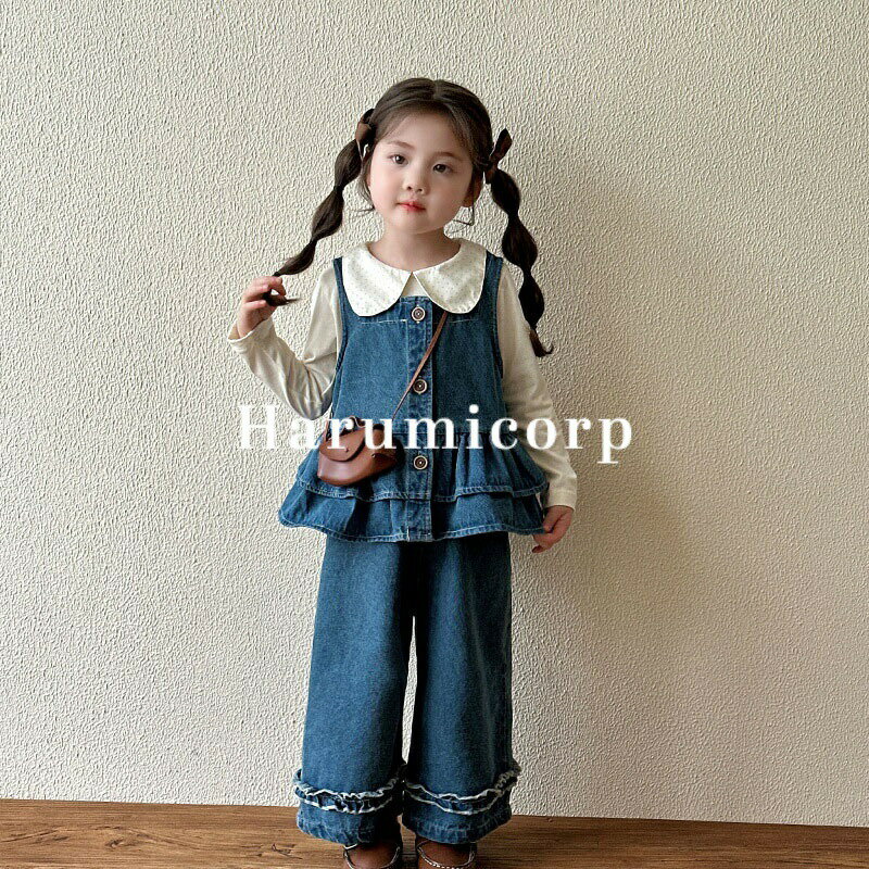 ペプラム デニム セットアップ キッズ 子供服 女の子 トップス ブラウス 長袖 カットソー デニムパンツ..