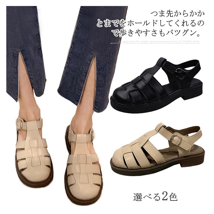 22.5-25.0cm グルカ サンダル 前詰まり フラット スクエアトゥ 編み込みサンダル ストラップ 歩きやすい レディース ぺたんこ ベルトサンダル 韓国 シューズ ひっかけ 春 夏 秋 軽量 疲れない