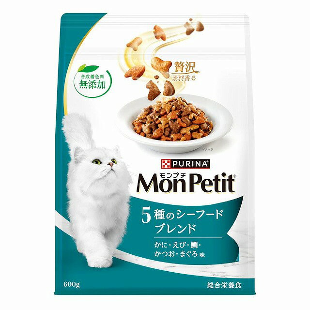贅沢食材のかにとえび、淡白な味わいの鯛、猫が大好きなまぐろとかつお。厳選した5種のシーフードの美味しさを絶妙にブレンドした猫用総合栄養食です。 安心の合成着色料無添加です。 内容量 600g 原材料 穀類(とうもろこし、とうもろこしたんぱく、小麦、米等)、肉類(チキンミール等)、動物性油脂、魚介類(まぐろ、かつお)、たんぱく加水分解物、フレーバーブレンド(かに、えび、鯛等)、ミネラル類(カルシウム、リン、カリウム、ナトリウム、クロライド、鉄、銅、マンガン、亜鉛、ヨウ素、セレン)、ビタミン類(A、E、K、B1、B2、パントテン酸、ナイアシン、B6、葉酸、ビオチン、B12、コリン)、アミノ酸類(メチオニン、タウリン)、着色料(カラメル色素、カロテノイド色素) 保証成分 たんぱく質:30%以上、脂質:13%以上、粗繊維:5%以下、灰分:9%以下、水分:12%以下 カロリー（約） 370kcal/100g 原産国 タイ ※商品の改定等により、パッケージデザイン・内容等は予告なく変更される場合がございます。 ※商品は自社店舗販売と在庫を共有しているため、在庫更新のタイミングにより、在庫切れの場合やむえずキャンセルさせていただく可能性があります。贅沢食材のかにとえび、淡白な味わいの鯛、猫が大好きなまぐろとかつお。厳選した5種のシーフードの美味しさを絶妙にブレンドした猫用総合栄養食です。 安心の合成着色料無添加です。 内容量 600g 原材料 穀類(とうもろこし、とうもろこしたんぱく、小麦、米等)、肉類(チキンミール等)、動物性油脂、魚介類(まぐろ、かつお)、たんぱく加水分解物、フレーバーブレンド(かに、えび、鯛等)、ミネラル類(カルシウム、リン、カリウム、ナトリウム、クロライド、鉄、銅、マンガン、亜鉛、ヨウ素、セレン)、ビタミン類(A、E、K、B1、B2、パントテン酸、ナイアシン、B6、葉酸、ビオチン、B12、コリン)、アミノ酸類(メチオニン、タウリン)、着色料(カラメル色素、カロテノイド色素) 保証成分 たんぱく質:30%以上、脂質:13%以上、粗繊維:5%以下、灰分:9%以下、水分:12%以下 カロリー（約） 370kcal/100g 原産国 タイ ※商品の改定等により、パッケージデザイン・内容等は予告なく変更される場合がございます。 ※商品は自社店舗販売と在庫を共有しているため、在庫更新のタイミングにより、在庫切れの場合やむえずキャンセルさせていただく可能性があります。