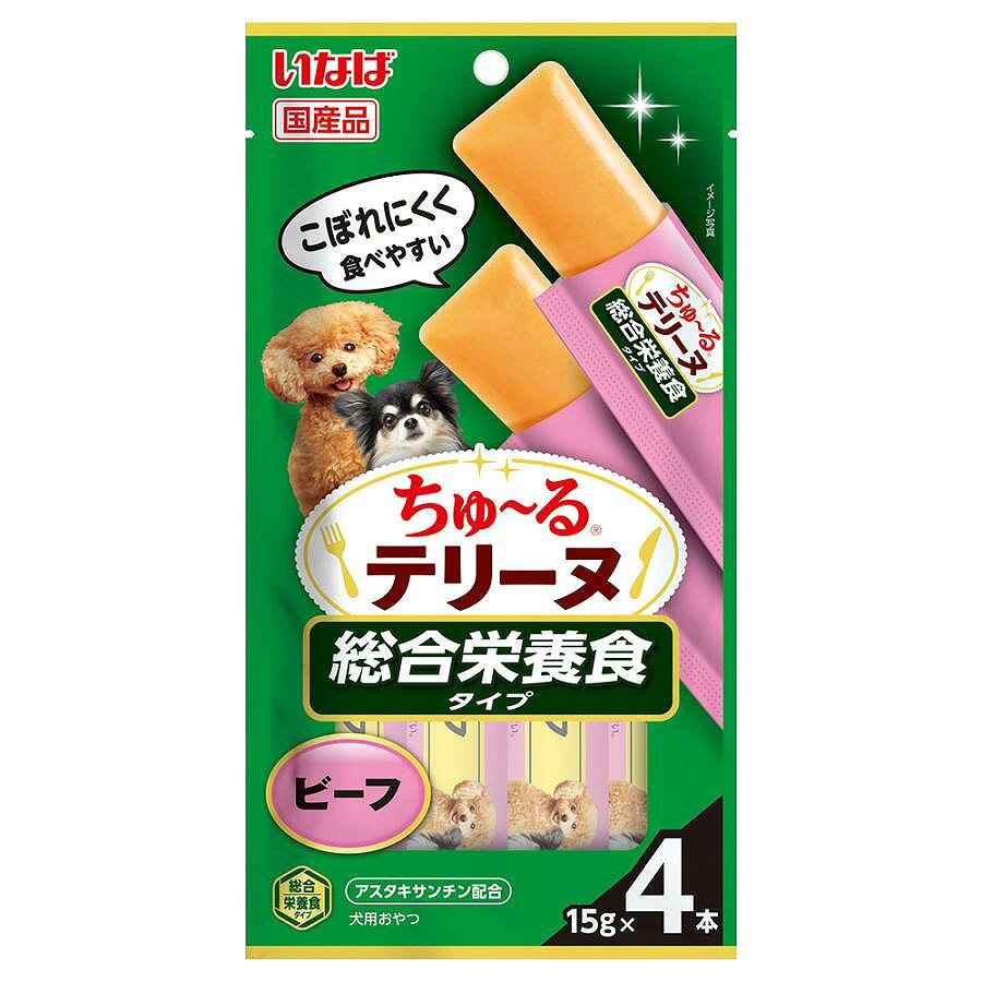 商品説明 好評のちゅ〜るテリーヌの総合栄養食タイプ。わんちゃんの好きな素材をベースに、風味良く仕上げました。ほろっと崩れる自然な固さで、こぼれにくく食べやすい。 品質表示 原材料 牛肉、トウモロコシ粉、鶏脂、ビーフエキスパウダー、酵母エキス、酵母、サフラワー油、ミネラル類（Ca、P、K、Cl、Mg、Fe、Cu、Mn、Zn、I）、ビタミン類（A、D3、E、B1、B2、パントテン酸、葉酸、B12、コリン）、サイリウム、ヘマトコッカス藻色素（アスタキサンチン含有）、増粘安定剤（加工でん粉） 形状 テリーヌ 保証成分値 たんぱく質5.5％以上、脂質4.0％以上、粗繊維0.3％以下、灰分1.8％以下、水分80.0％以下、エネルギー約18kcal/本 内容量 15g×4本 ※商品の改訂等により、パッケージデザイン・内容等は予告なく変更される場合がございます。 ※商品は自社店舗販売と在庫を共有しているため、在庫更新のタイミングにより、在庫切れの場合やむをえずキャンセルさせていただく可能性があります。商品説明 好評のちゅ〜るテリーヌの総合栄養食タイプ。わんちゃんの好きな素材をベースに、風味良く仕上げました。ほろっと崩れる自然な固さで、こぼれにくく食べやすい。 品質表示 原材料 牛肉、トウモロコシ粉、鶏脂、ビーフエキスパウダー、酵母エキス、酵母、サフラワー油、ミネラル類（Ca、P、K、Cl、Mg、Fe、Cu、Mn、Zn、I）、ビタミン類（A、D3、E、B1、B2、パントテン酸、葉酸、B12、コリン）、サイリウム、ヘマトコッカス藻色素（アスタキサンチン含有）、増粘安定剤（加工でん粉） 形状 テリーヌ 保証成分値 たんぱく質5.5％以上、脂質4.0％以上、粗繊維0.3％以下、灰分1.8％以下、水分80.0％以下、エネルギー約18kcal/本 内容量 15g×4本 ※商品の改訂等により、パッケージデザイン・内容等は予告なく変更される場合がございます。 ※商品は自社店舗販売と在庫を共有しているため、在庫更新のタイミングにより、在庫切れの場合やむをえずキャンセルさせていただく可能性があります。
